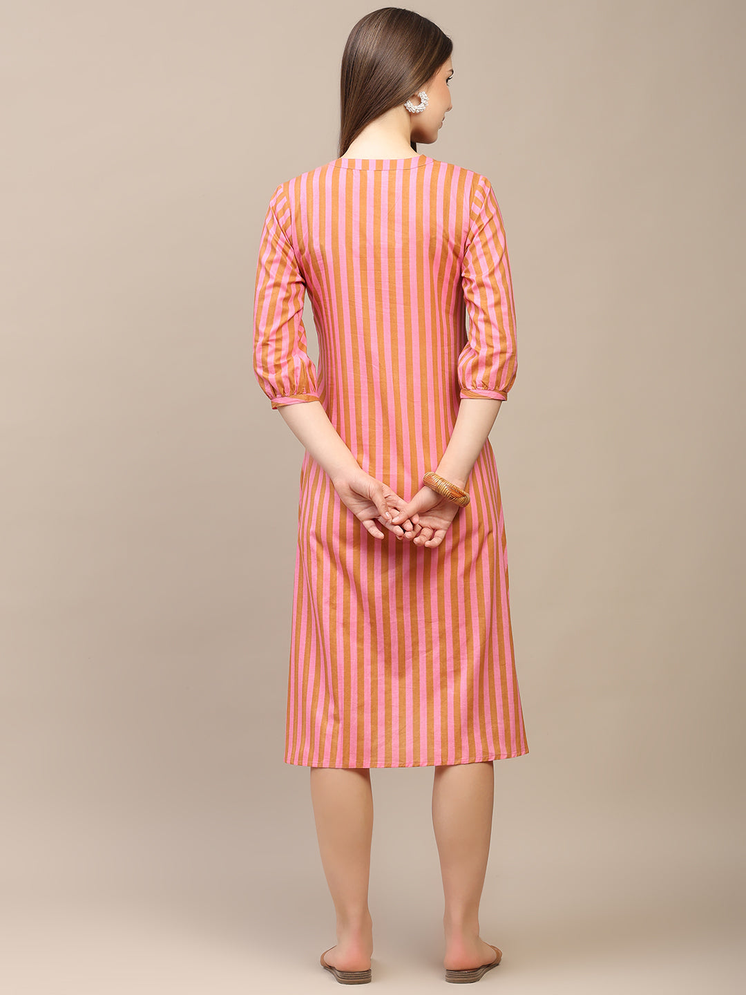 Peach Striped A-Line Cotton Dress