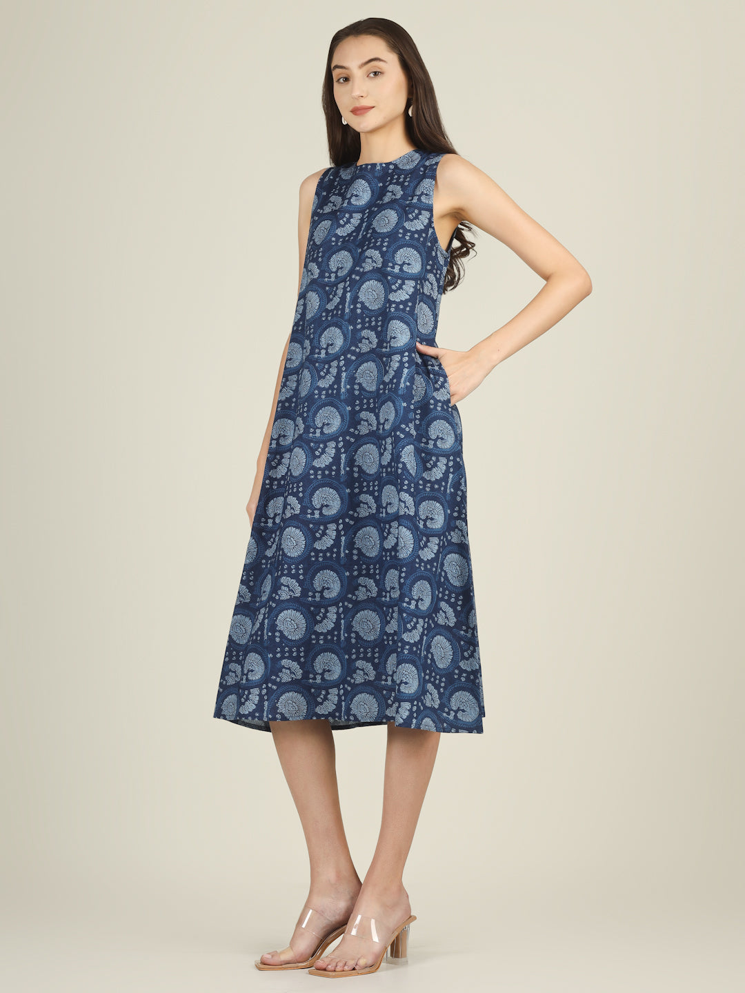Dark Blue Printed Sleeveless A-Line Cotton Dress