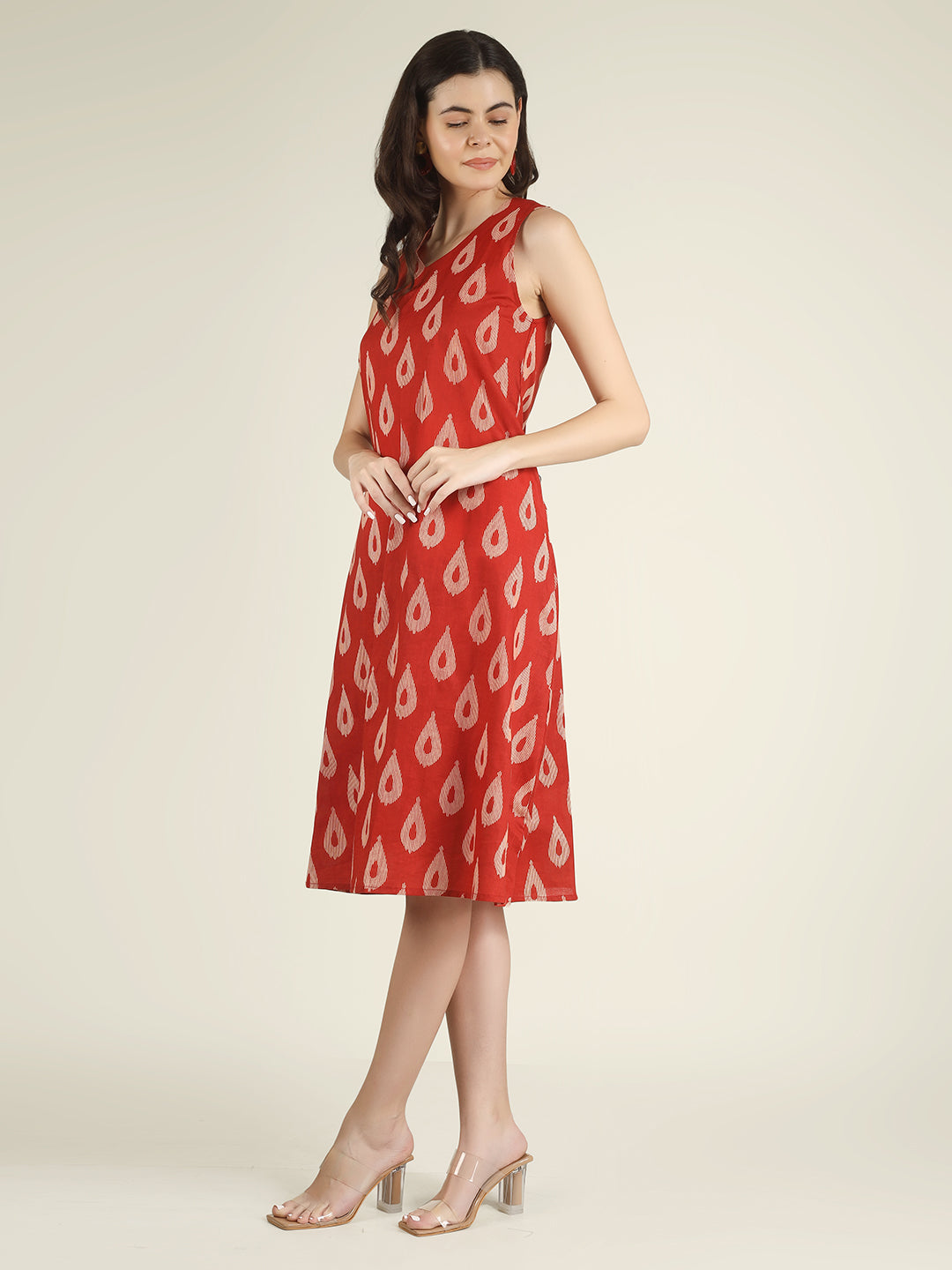 Red Printed Sleeveless V-Neck A-Line Cotton Dress