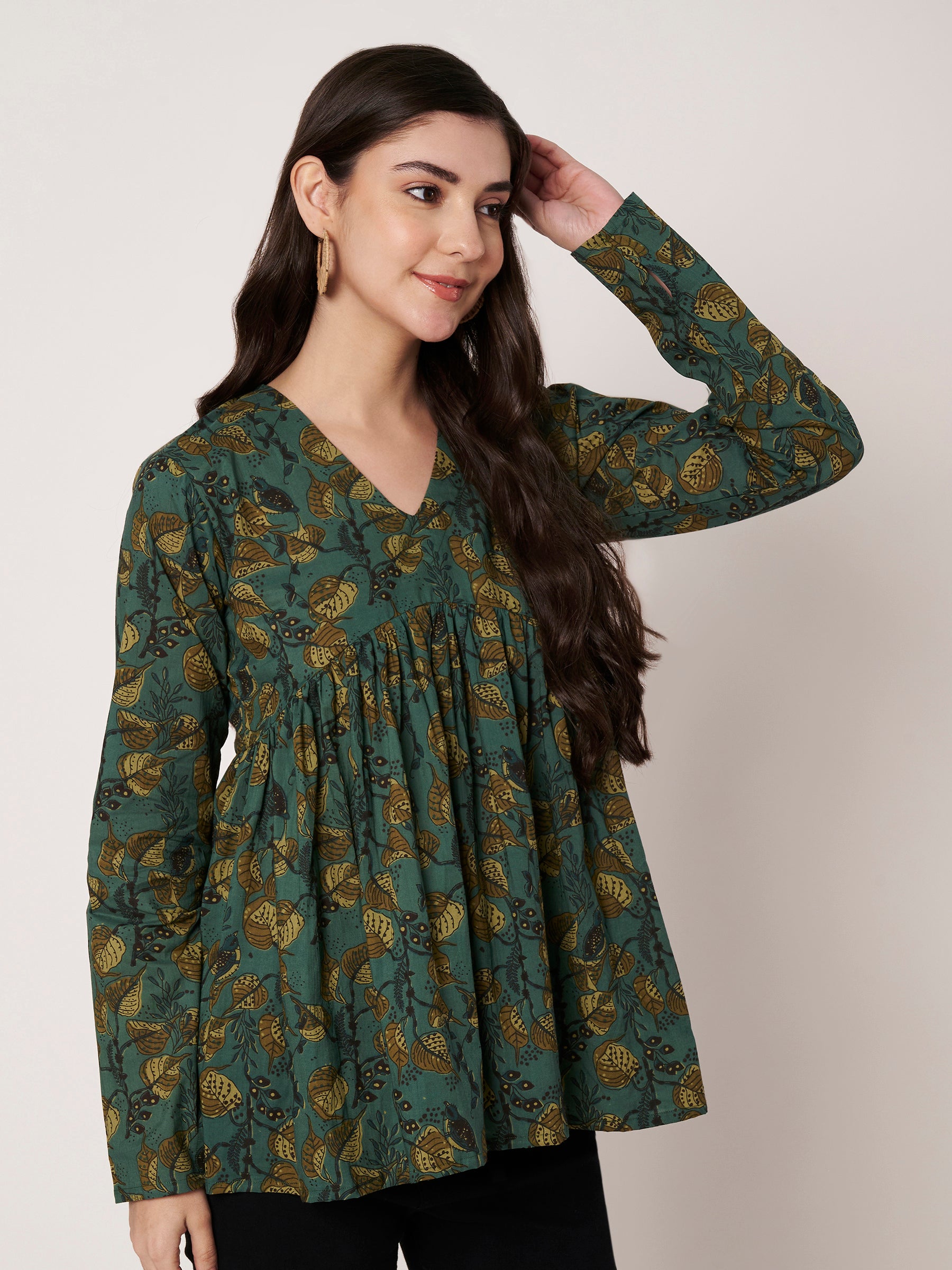 Green Printed Alia-Cut Cotton Top
