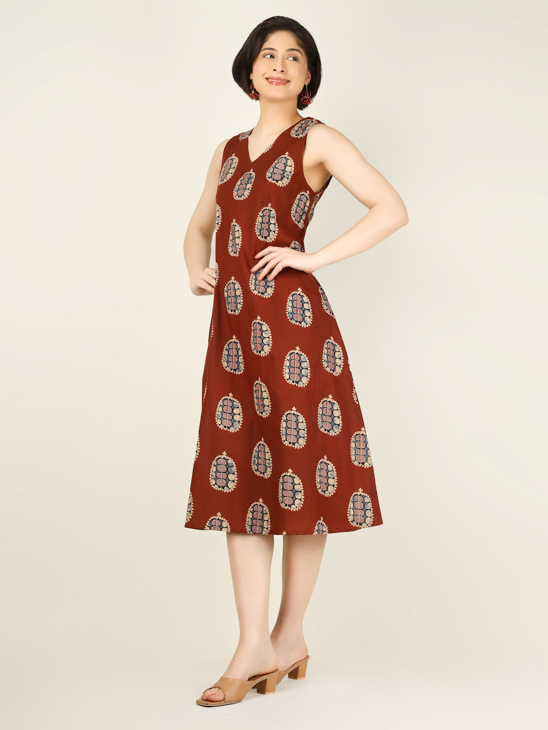 Rust Printed Sleeveless V-Neck A-Line Cotton Dress