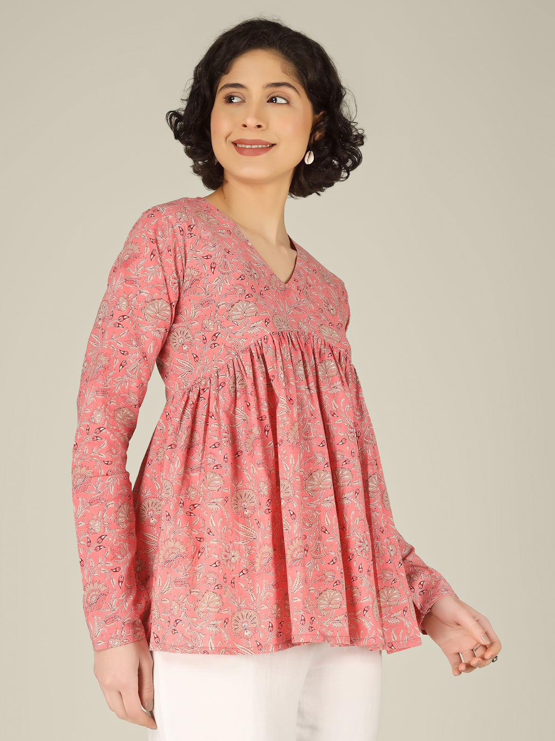 Peach Printed Alia-Cut Cotton Top