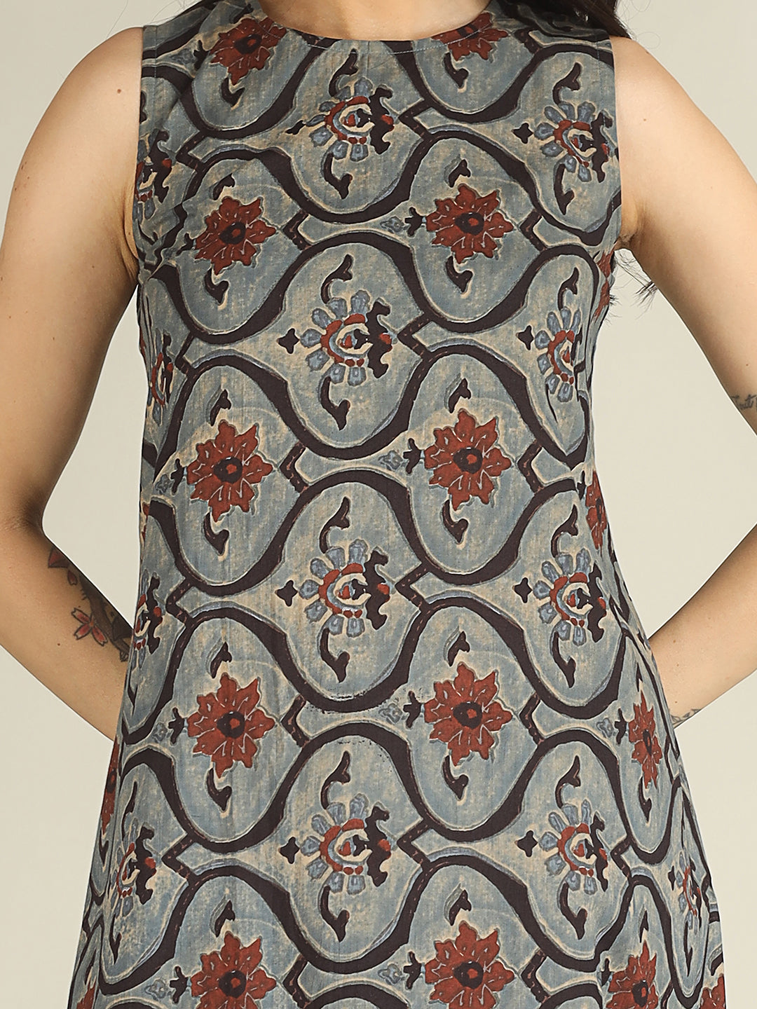 Dusty Blue Printed Sleeveless A-Line Cotton Dress