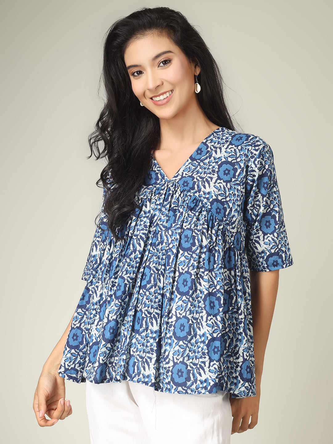 Blue Printed Half-Sleeve Alia-Cut Cotton Peplum Top