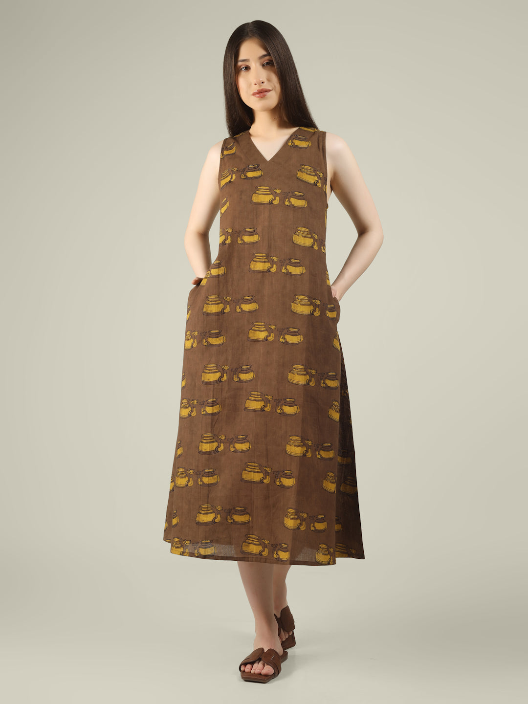 Brown Printed V-Neck Sleeveless A-Line Cotton Dress