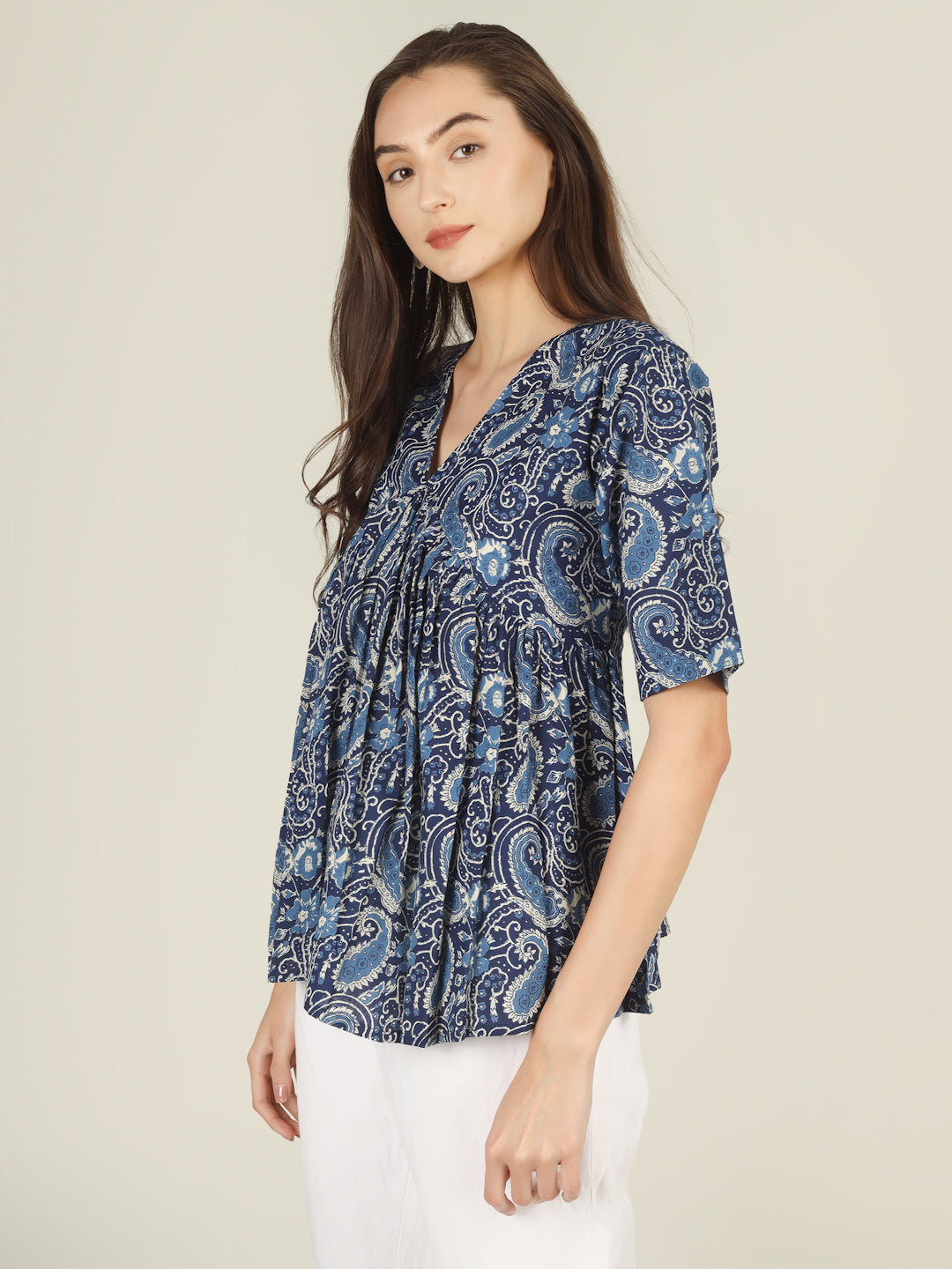 Blue Printed Half-Sleeve Alia-Cut Cotton Peplum Top