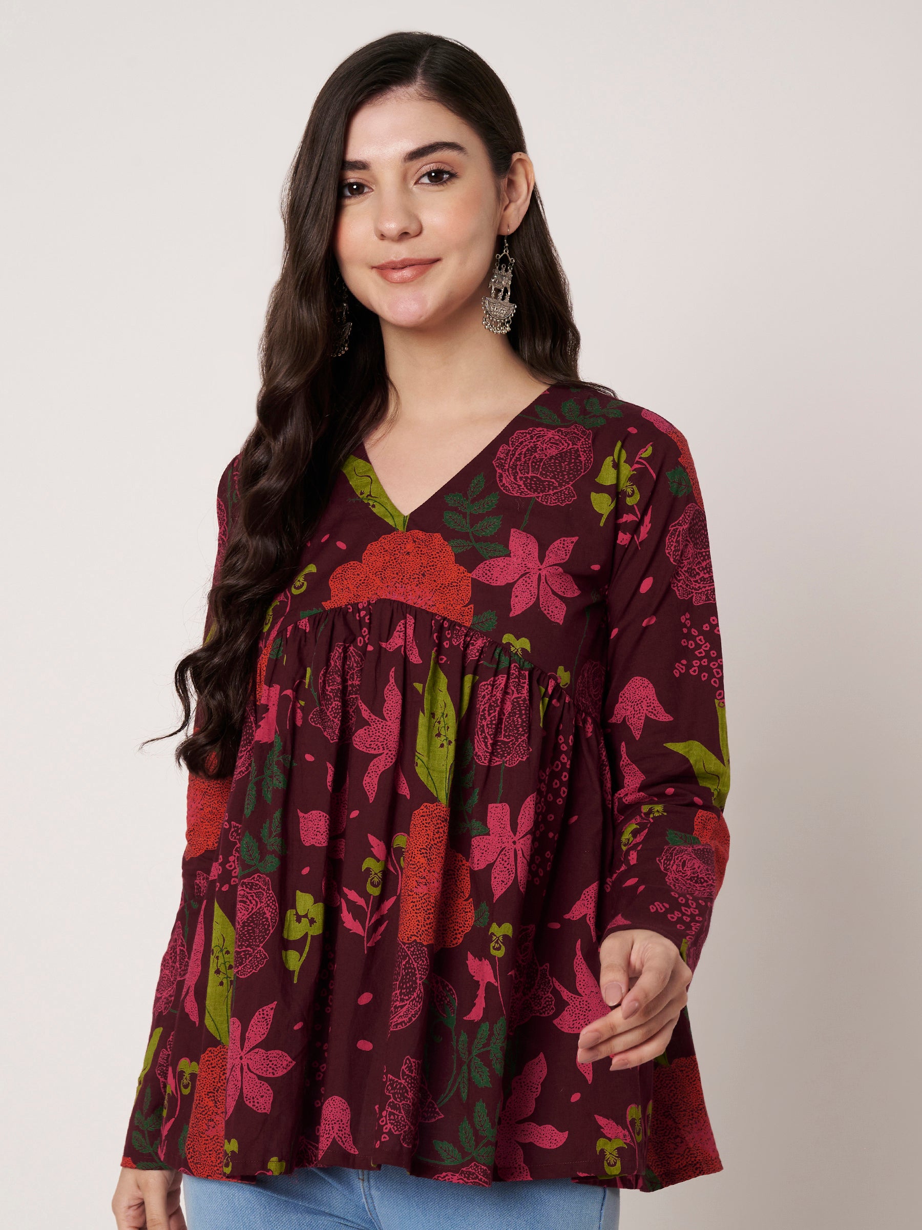 Wine Printed Alia-Cut Cotton Top