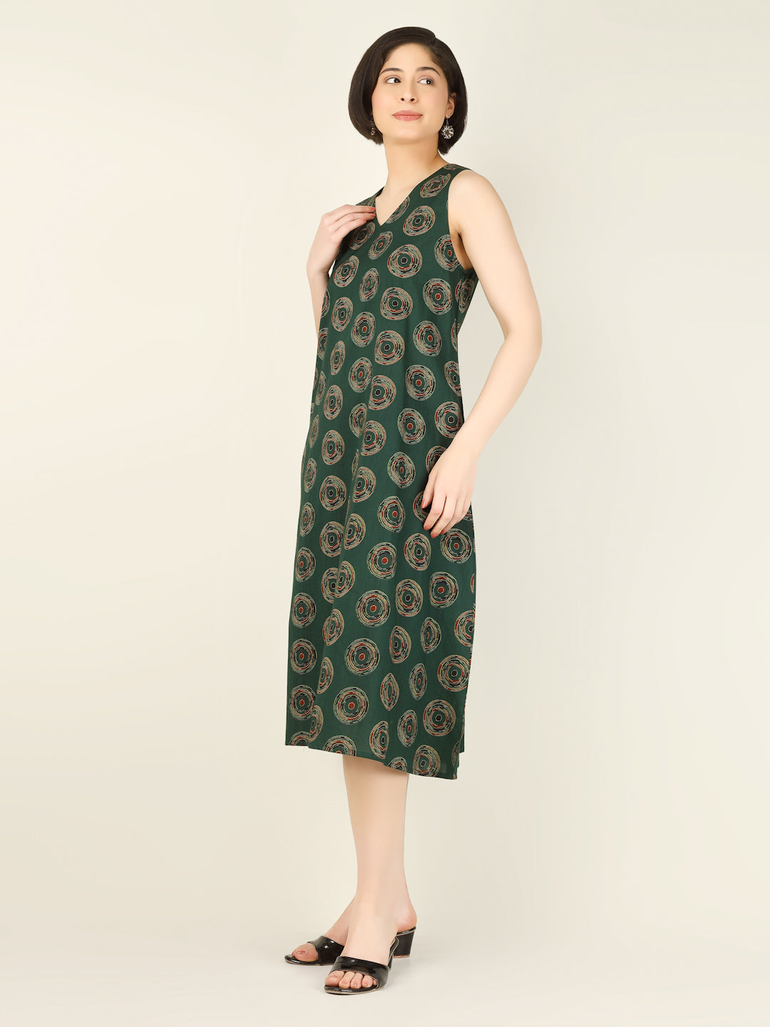 Dark Green Printed Sleeveless V-Neck A-Line Cotton Dress