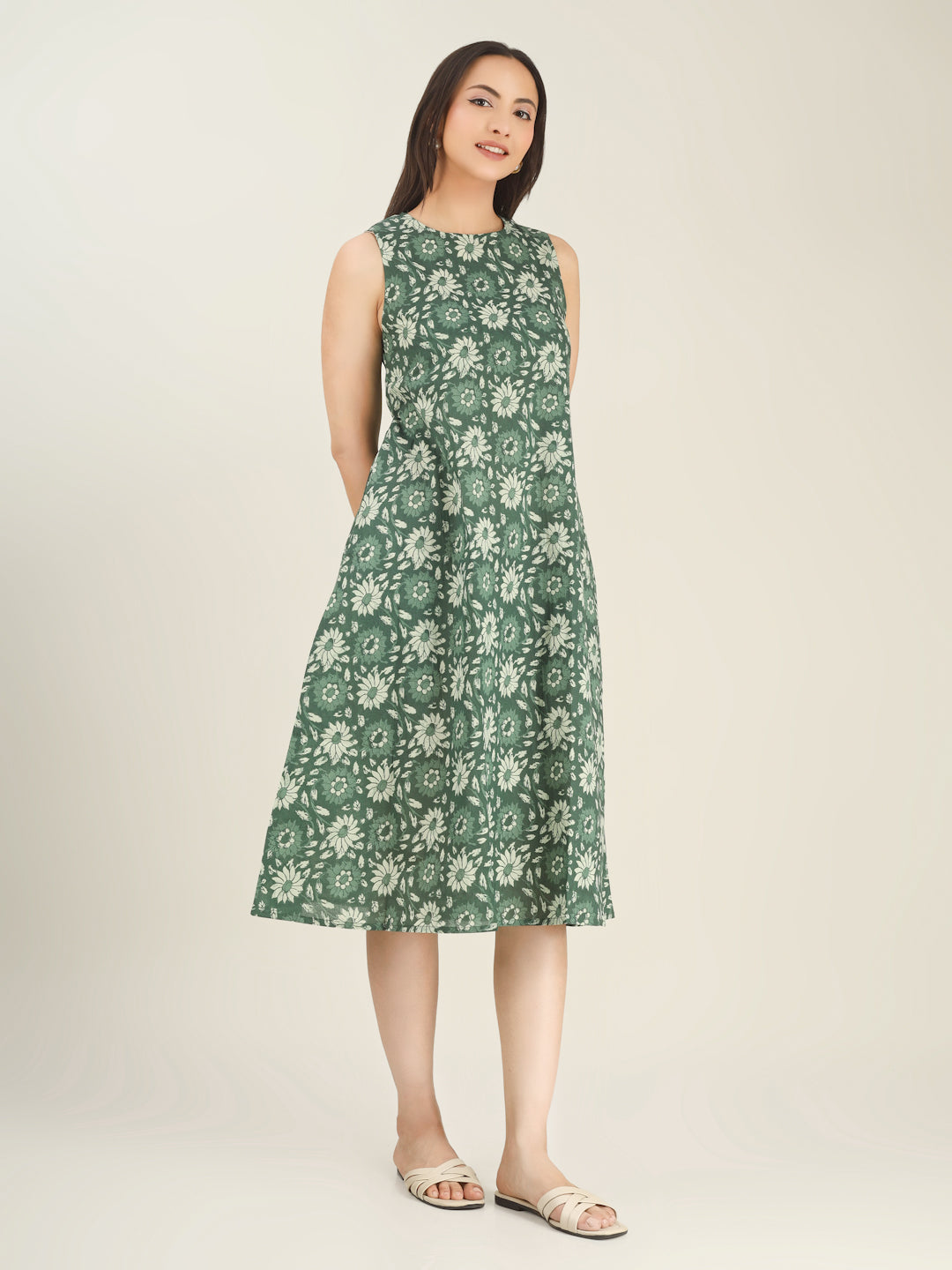 Green Printed Sleeveless A-Line Cotton Dress