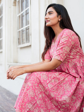 Pink Printed Flared Cotton Dress