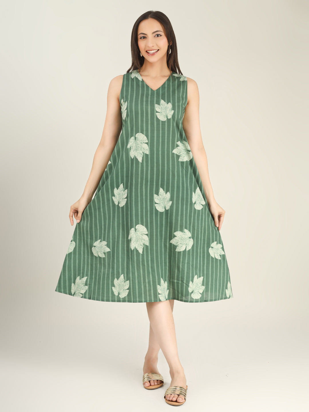 Green Printed Sleeveless V-Neck A-Line Cotton Dress