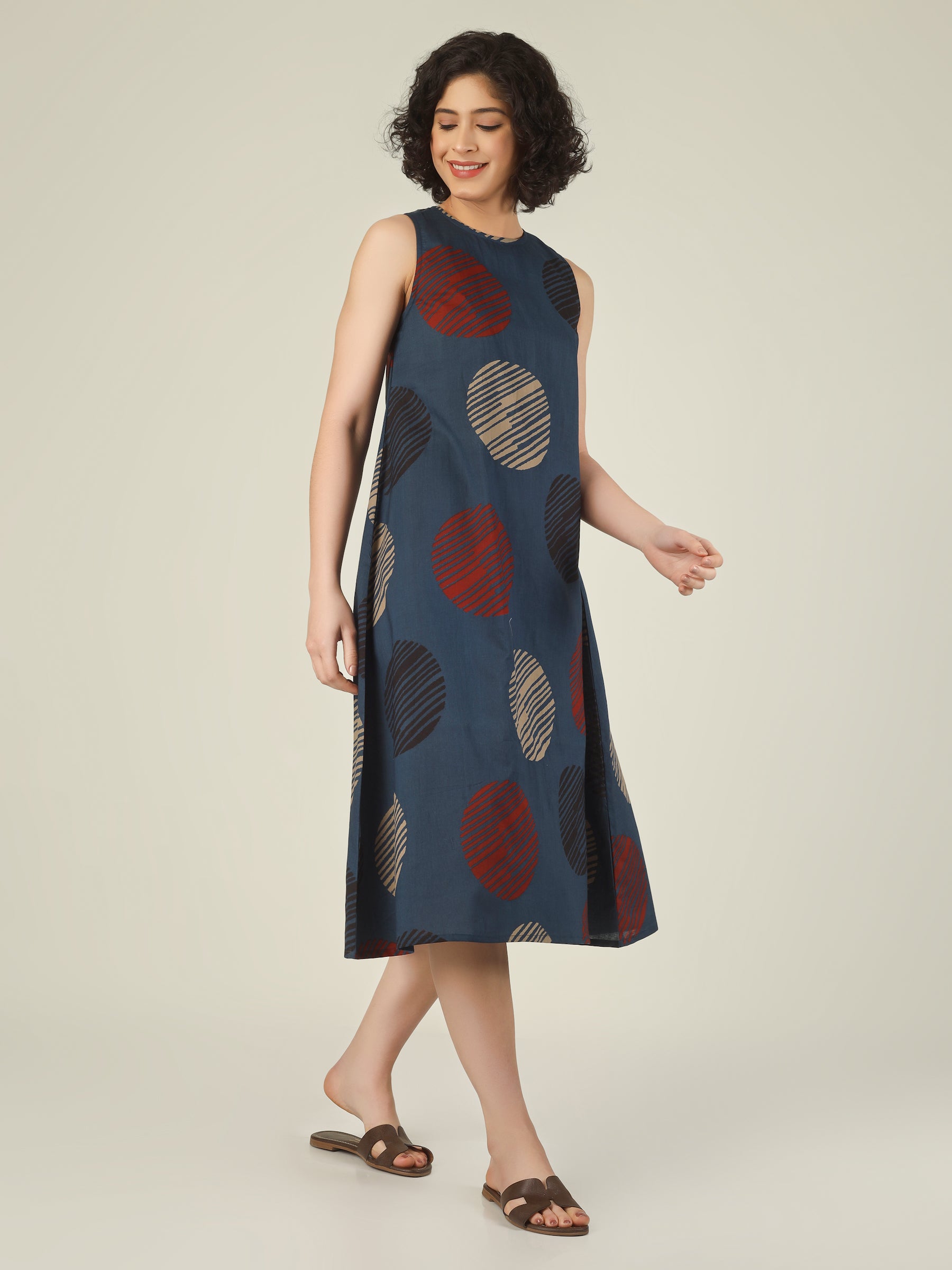 Blue Printed Sleeveless A-Line Cotton Dress