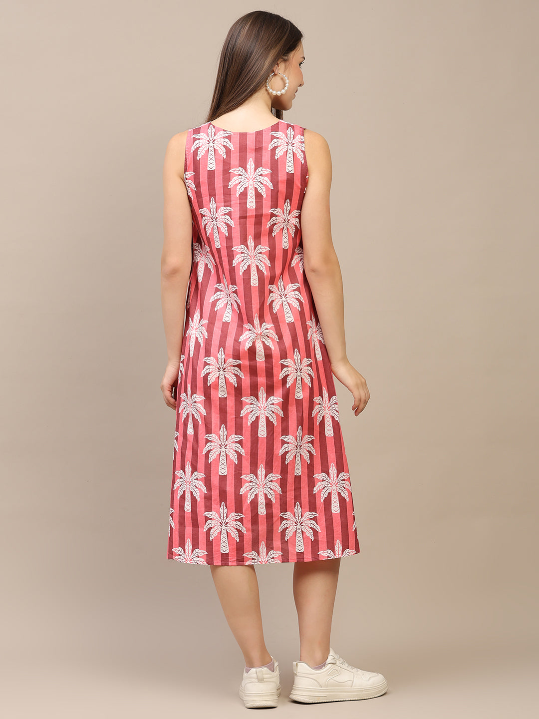 Pink Striped V-Neck Sleeveless A-Line Cotton Dress