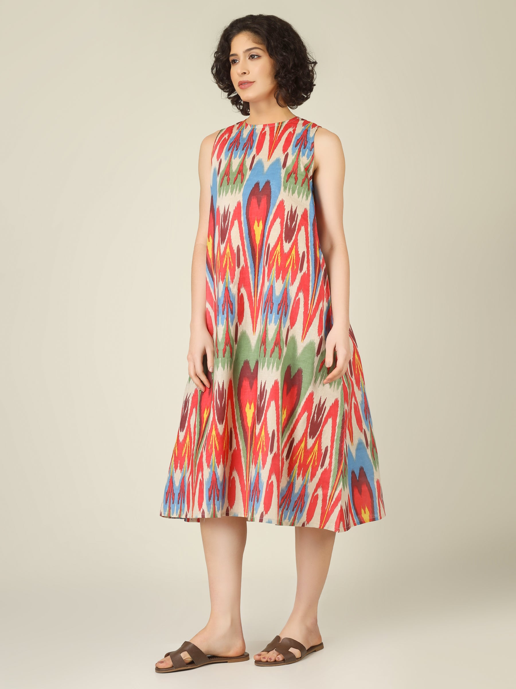 Off-White Ikkat Print Sleeveless A-Line Cotton Dress