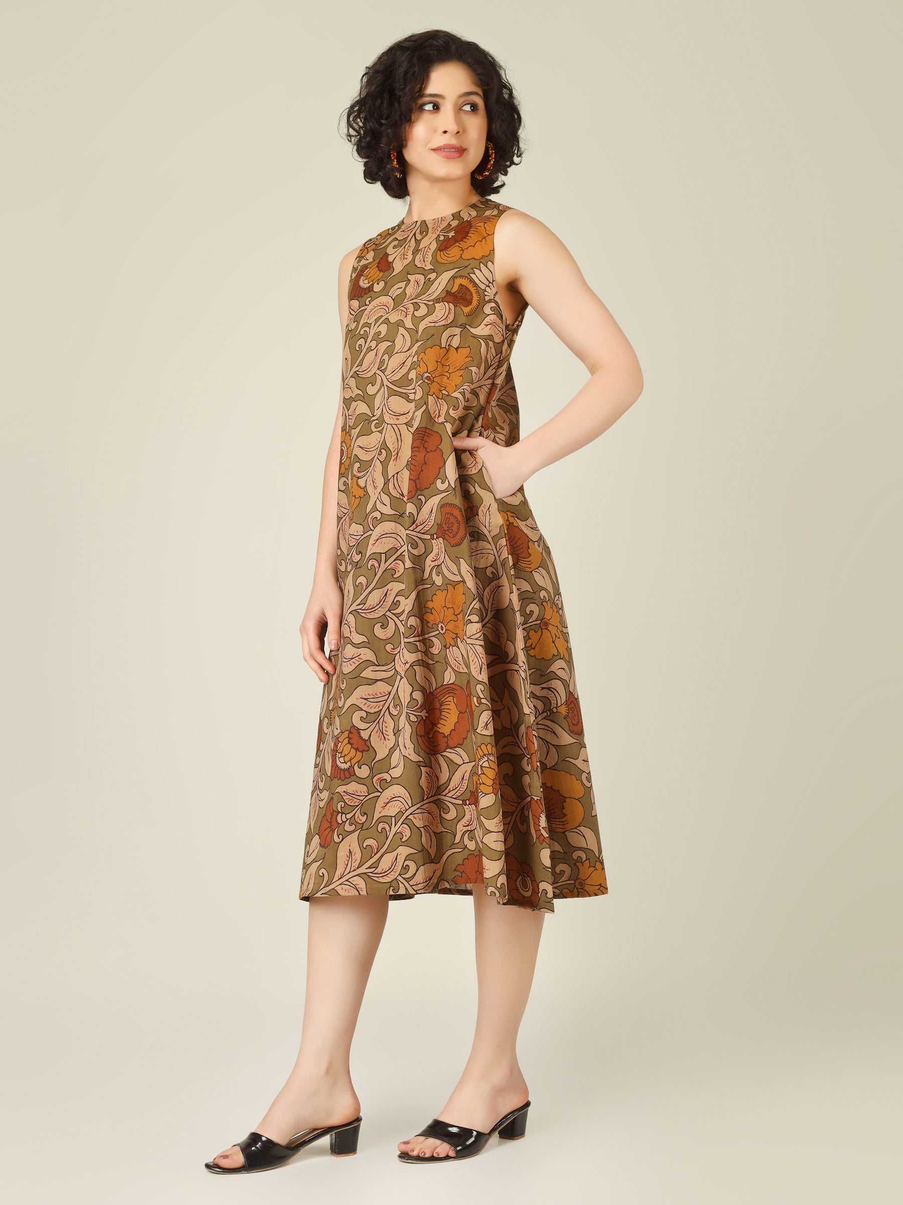 Olive Printed Sleeveless A-Line Cotton Dress