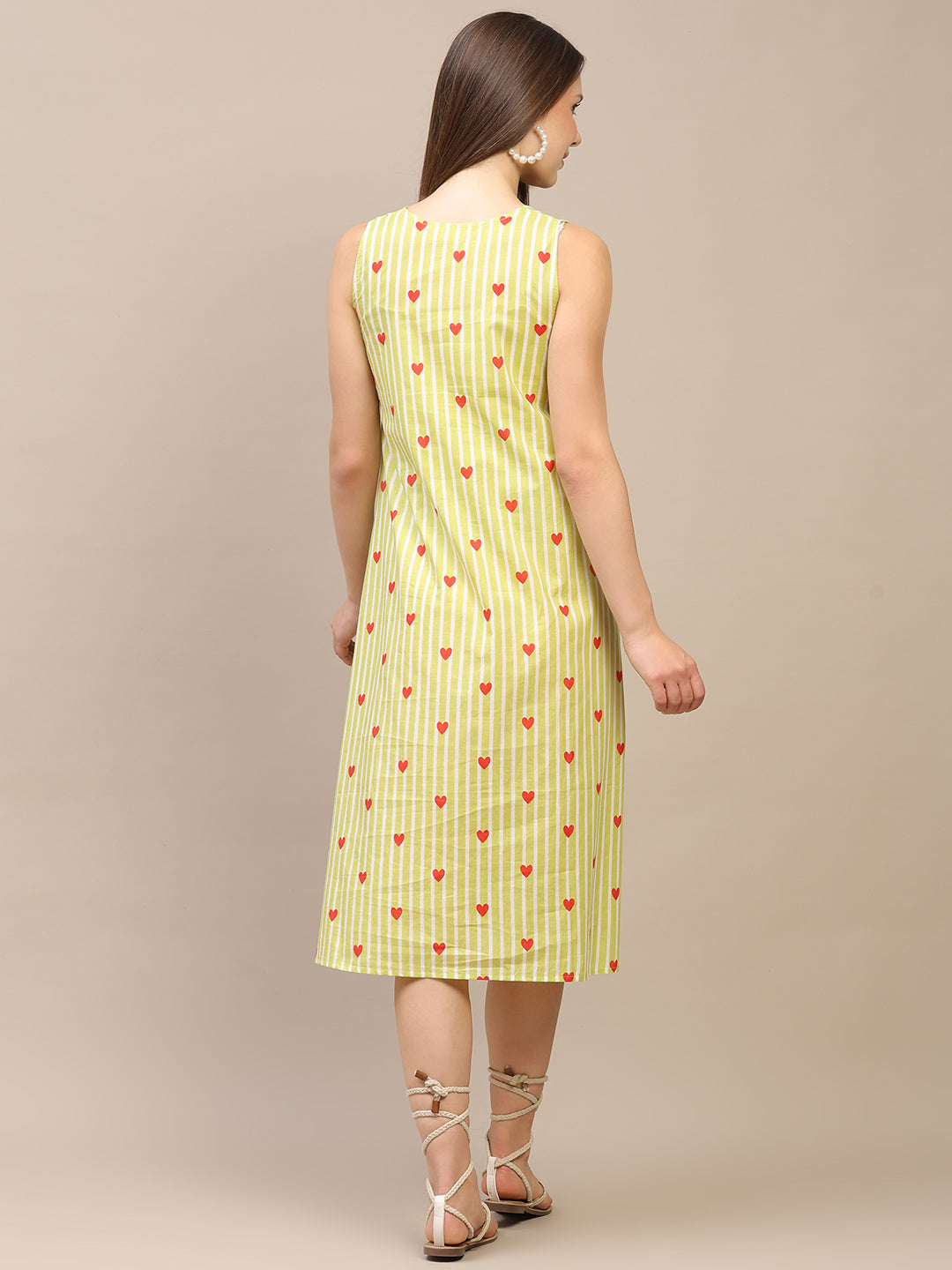 Light Green Striped V-Neck Sleeveless A-Line Cotton Dress