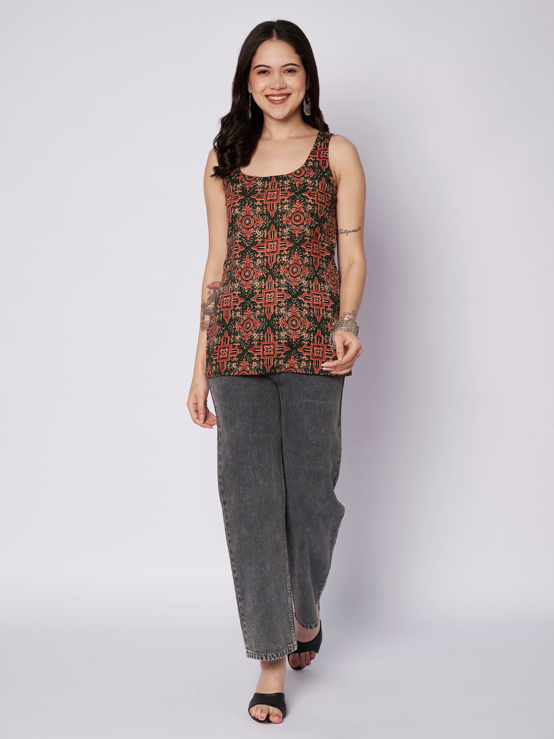 Dark Green Printed Sleeveless Cotton Top