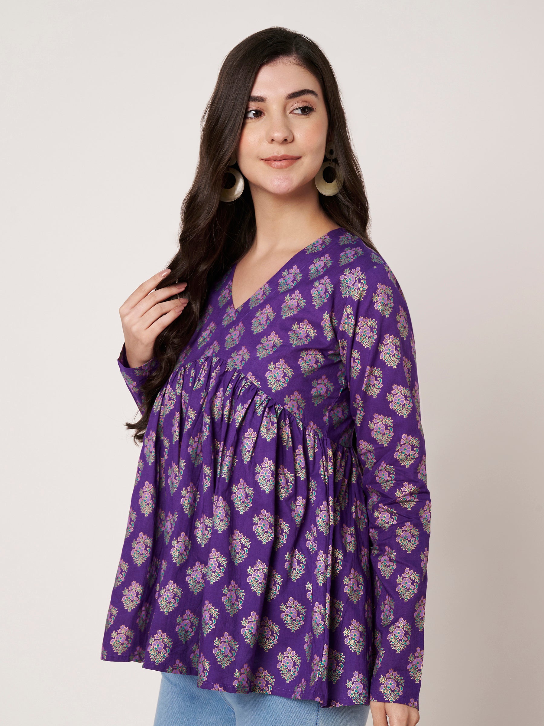 Purple Printed Alia-Cut Cotton Top