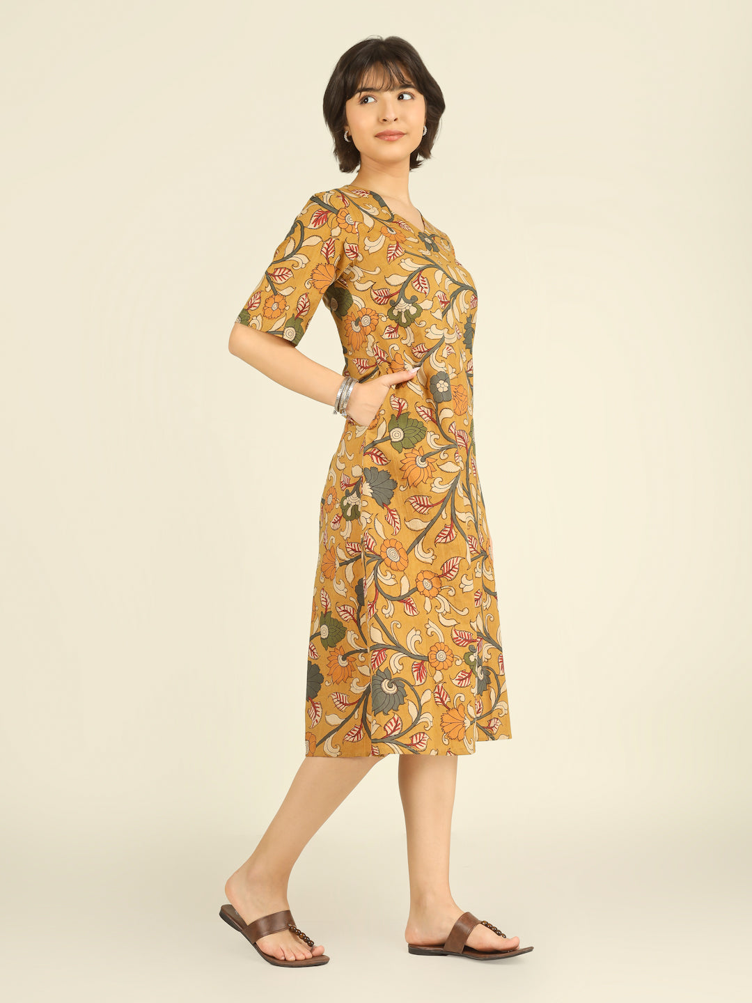 Mustard Printed Half-Sleeve A-Line Cotton Dress