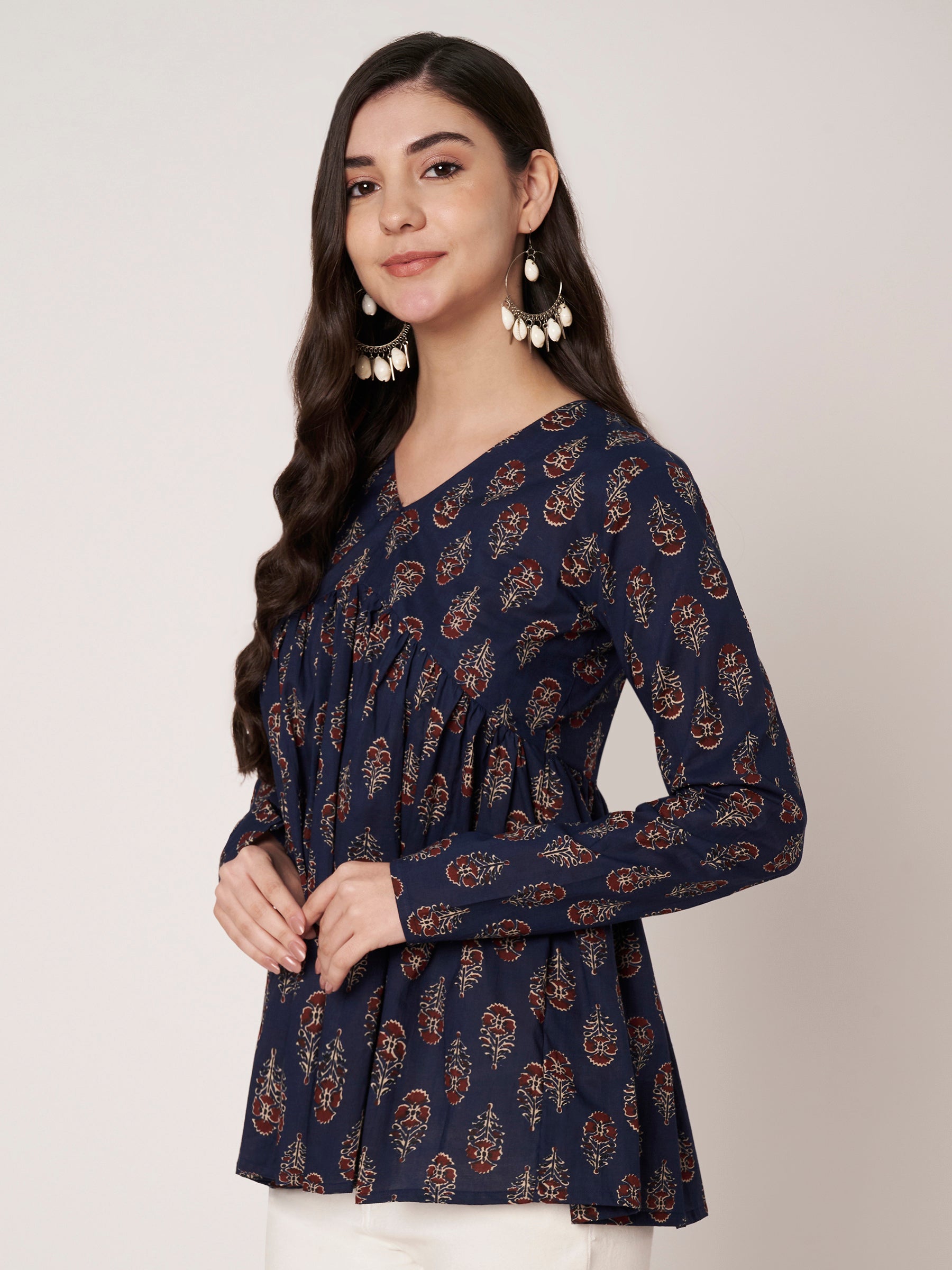 Navy Blue Printed Alia-Cut Cotton Top