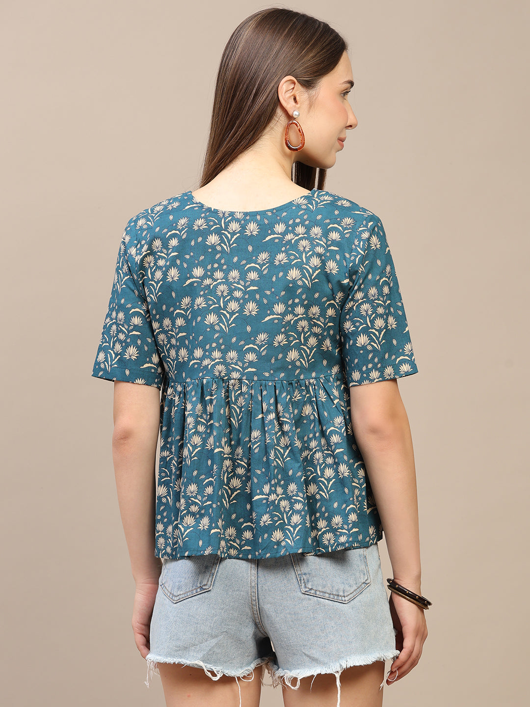 Teal Blue Printed Half-Sleeve Alia-Cut Cotton Top
