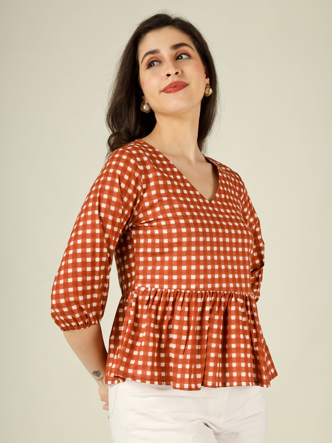 Brown Checked Cotton Peplum Top