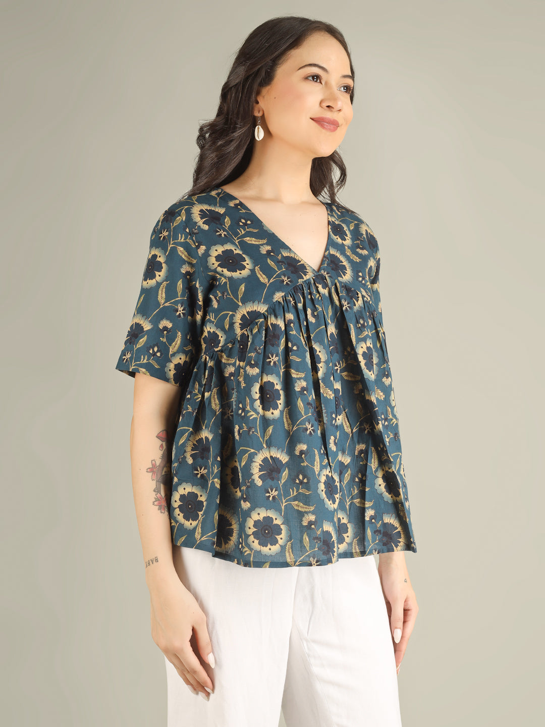 Teal Blue Printed Half-Sleeve Alia-Cut Cotton Top