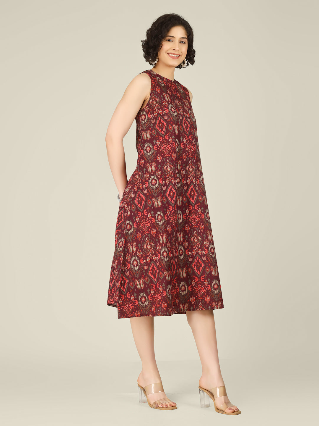 Wine Printed Sleeveless A-Line Cotton Dress