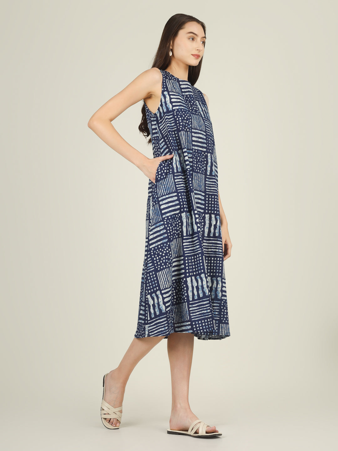 Blue Printed Sleeveless A-Line Cotton Dress