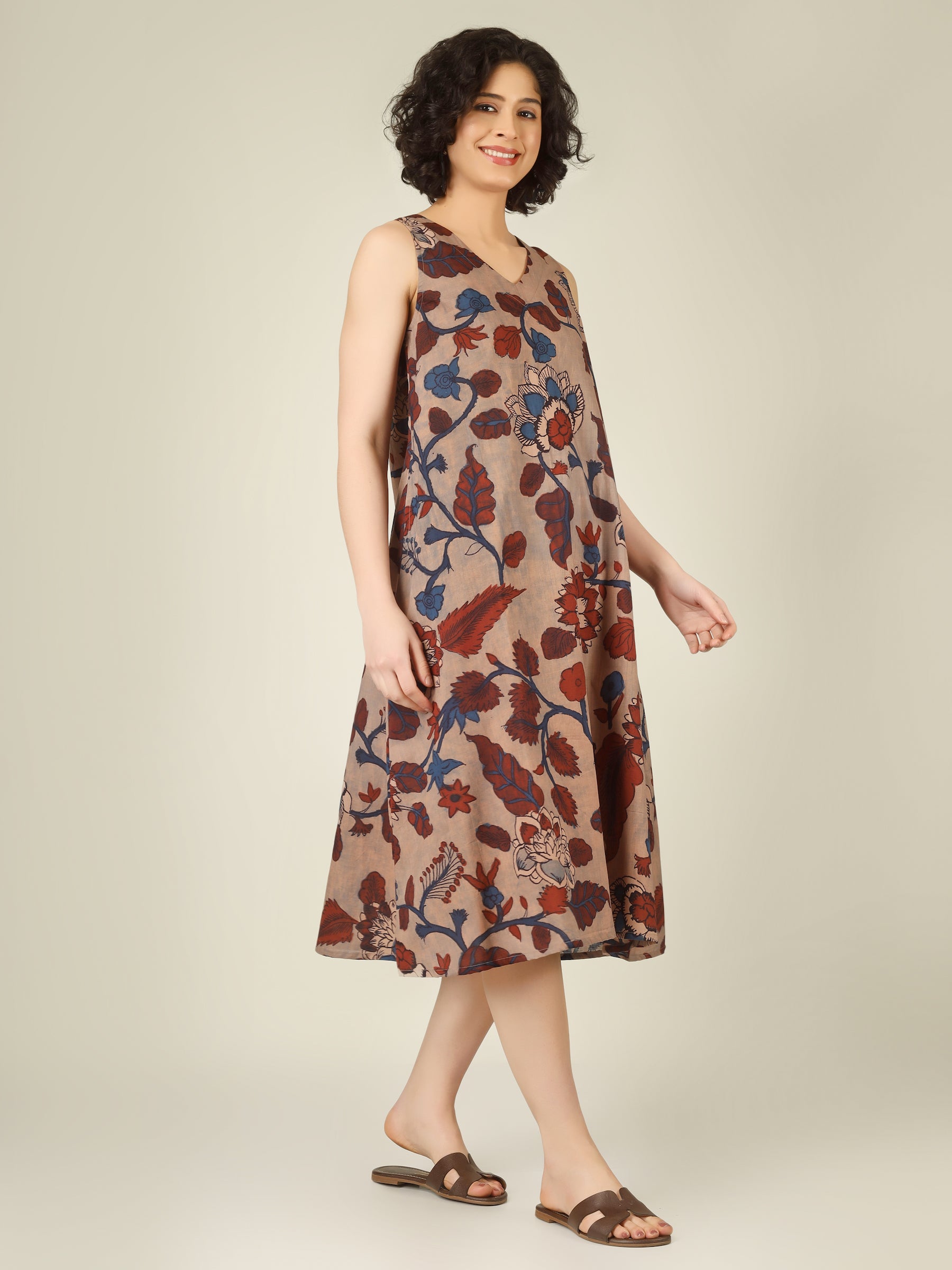 Beige Printed V-Neck Sleeveless A-Line Cotton Dress