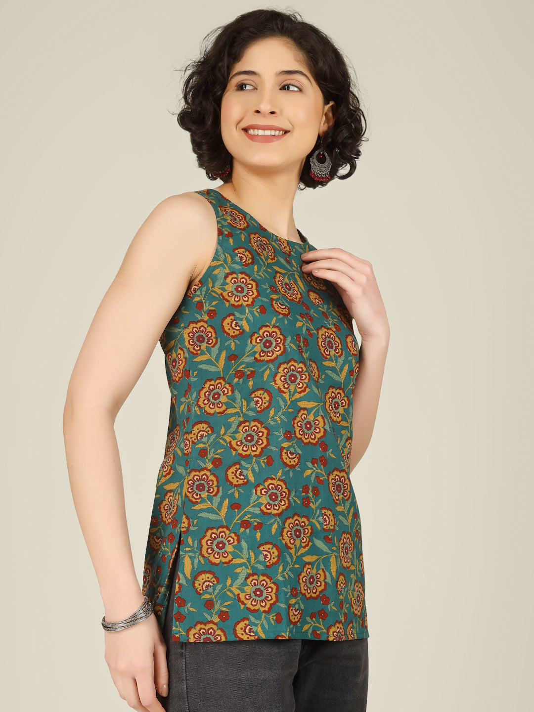 Green Printed Round Neck Sleeveless Cotton Top