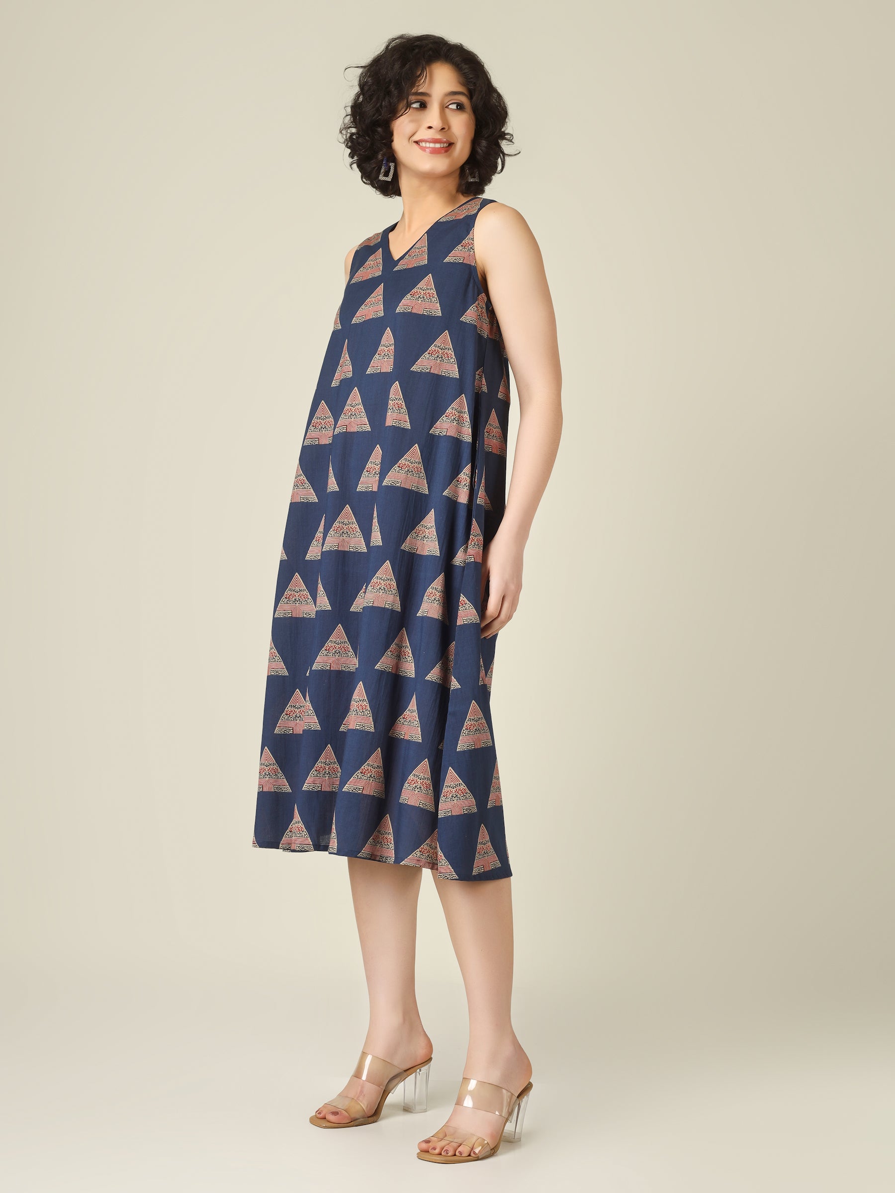 Blue Printed V-Neck Sleeveless A-Line Cotton Dress
