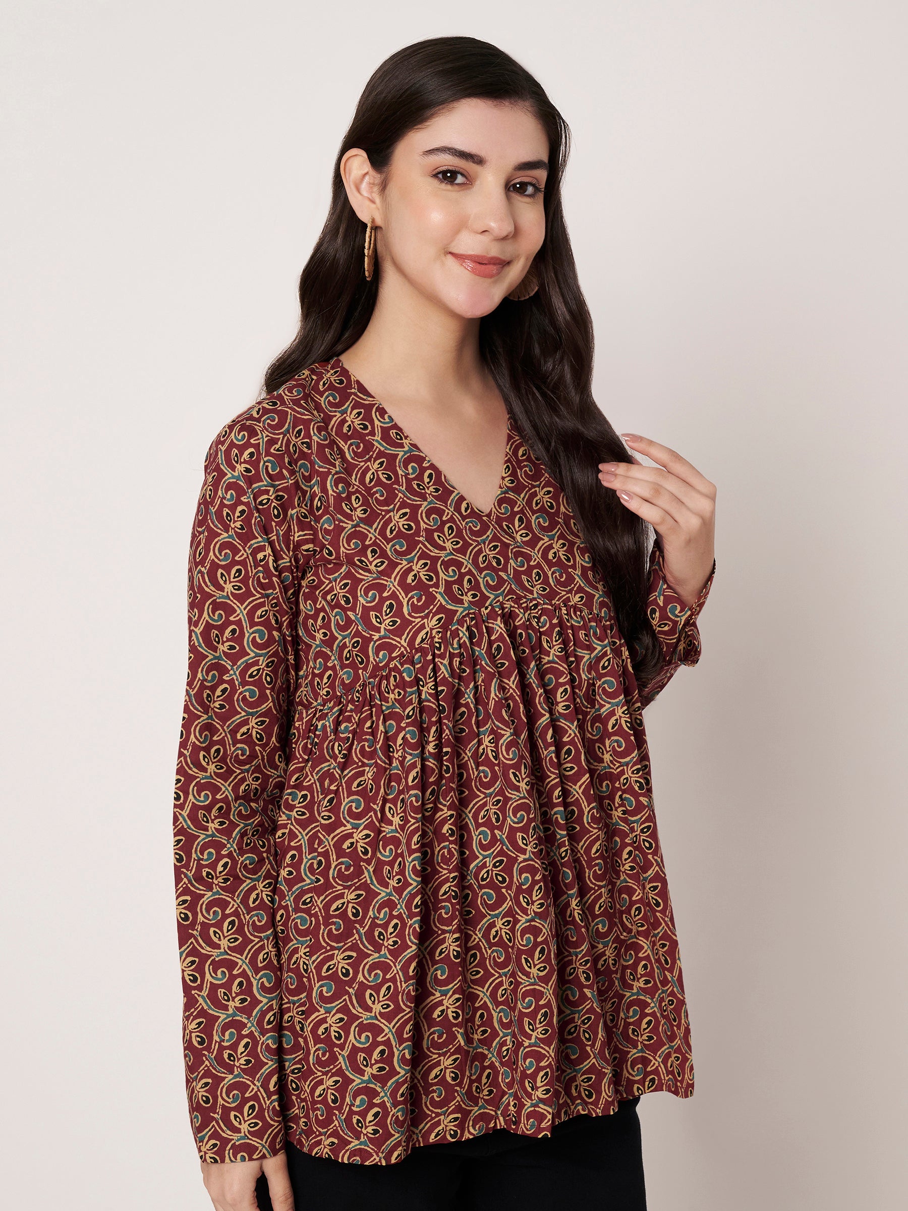 Maroon Printed Alia-Cut Cotton Top