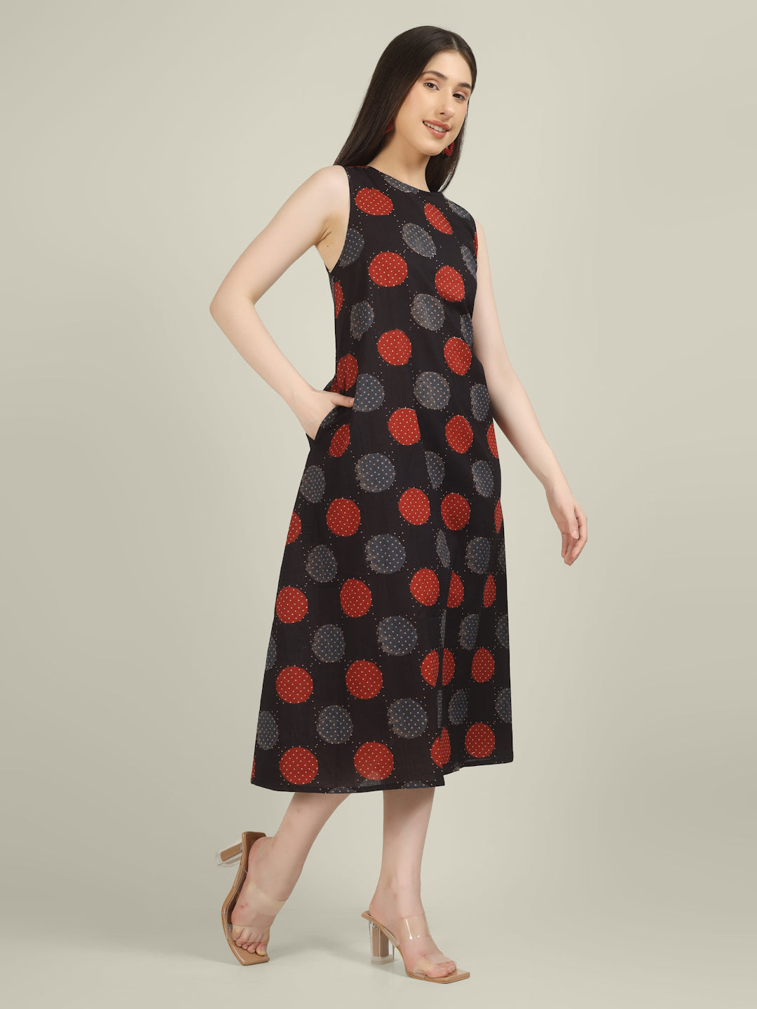 Black Printed Sleeveless A-Line Cotton Dress