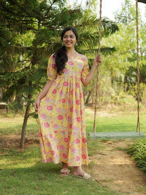 Yellow Printed Long Cotton Dress