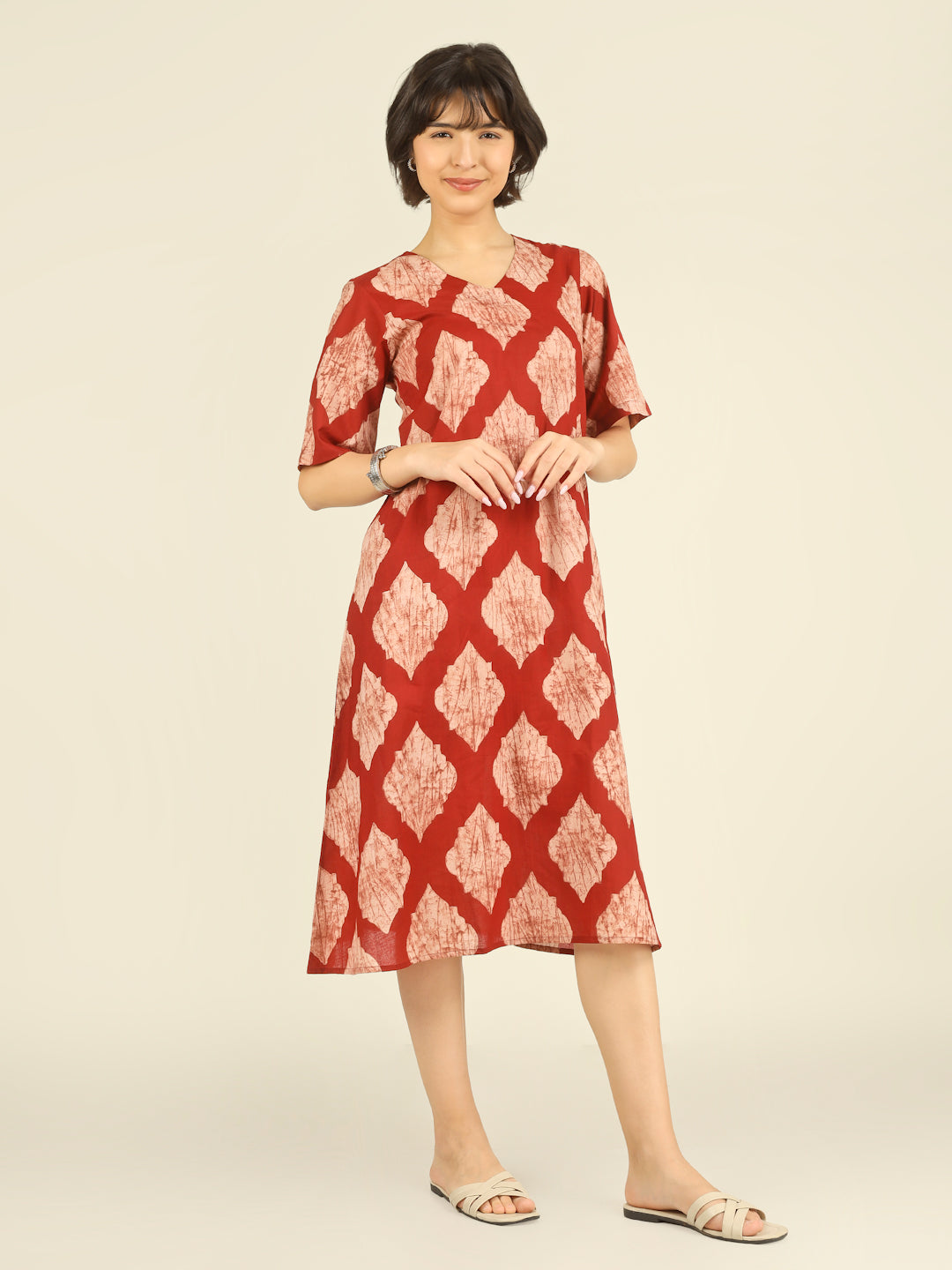 Red Printed Half-Sleeve A-Line Cotton Dress