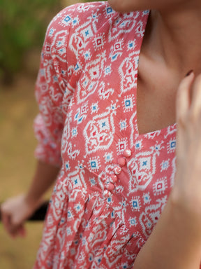 Peach Orange Printed Flared Cotton Dress