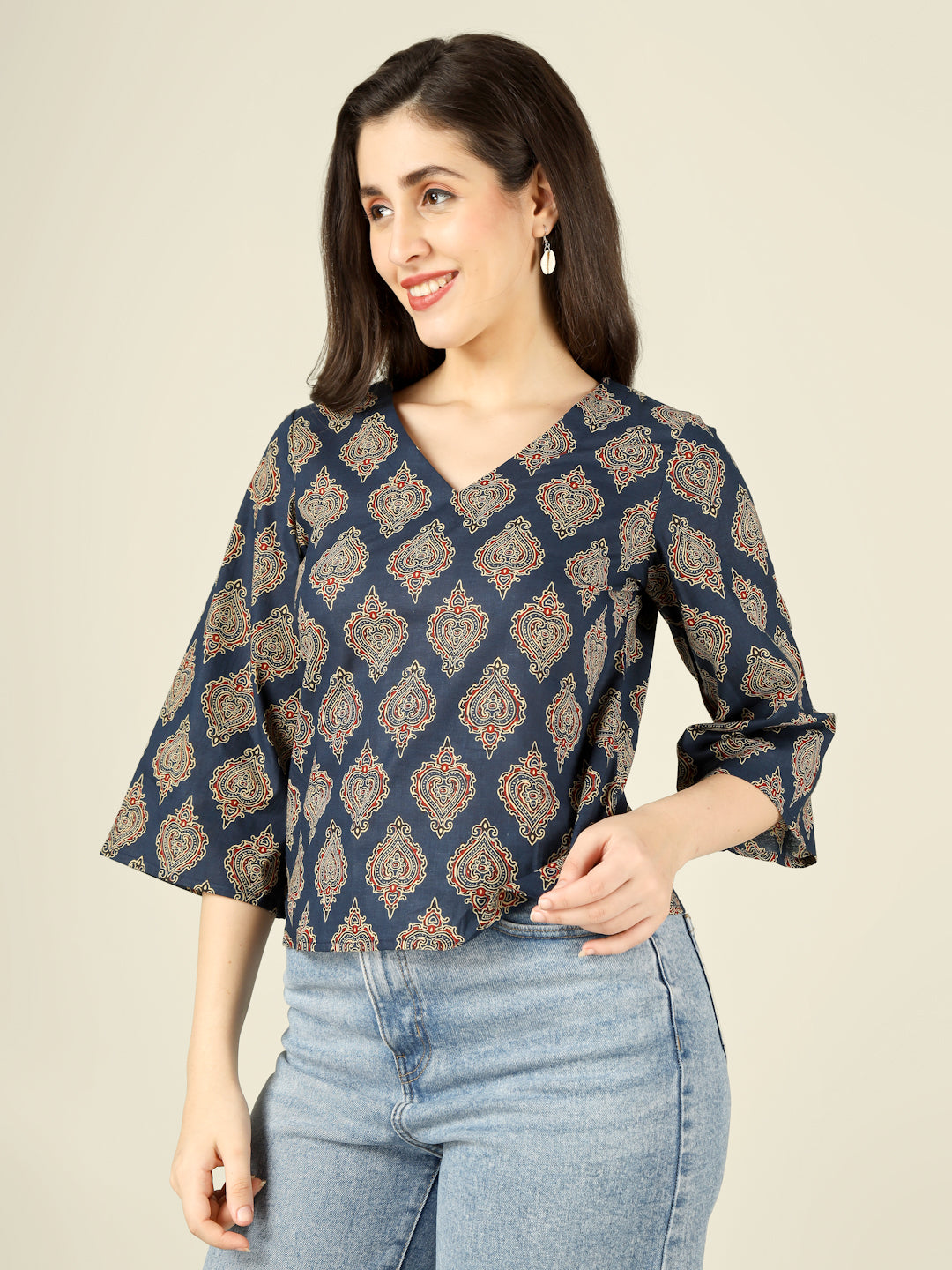 Navy Blue Printed Straight Bell-Sleeves Top