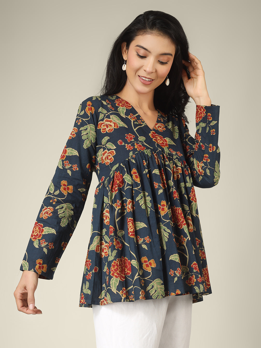 Navy Blue Printed Alia-Cut Cotton Peplum Top