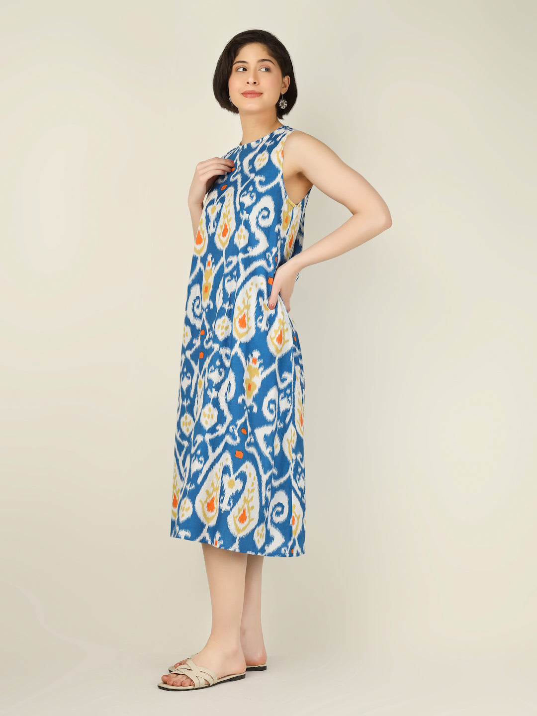 Blue Printed Sleeveless A-Line Cotton Dress