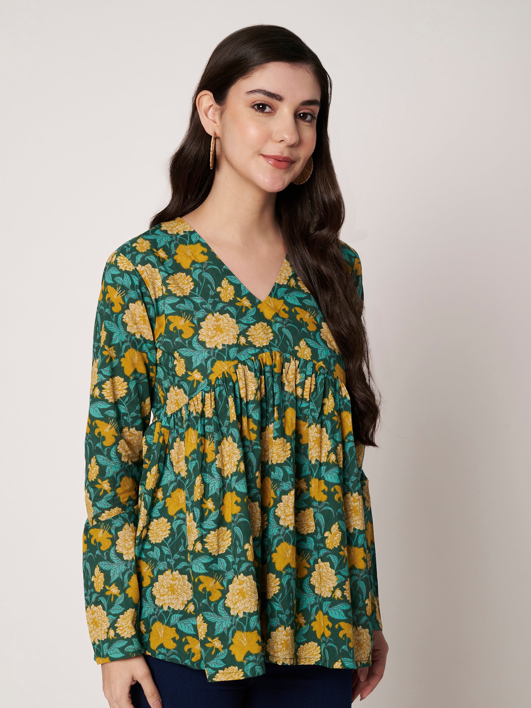 Green Printed Alia-Cut Cotton Top