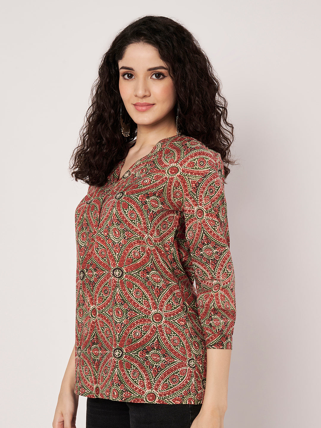 Maroon Printed V-Neck Cotton Top