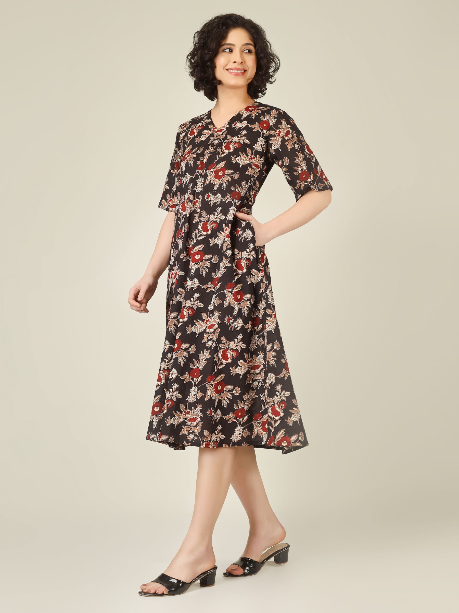 Black Printed Half-Sleeve A-Line Cotton Dress