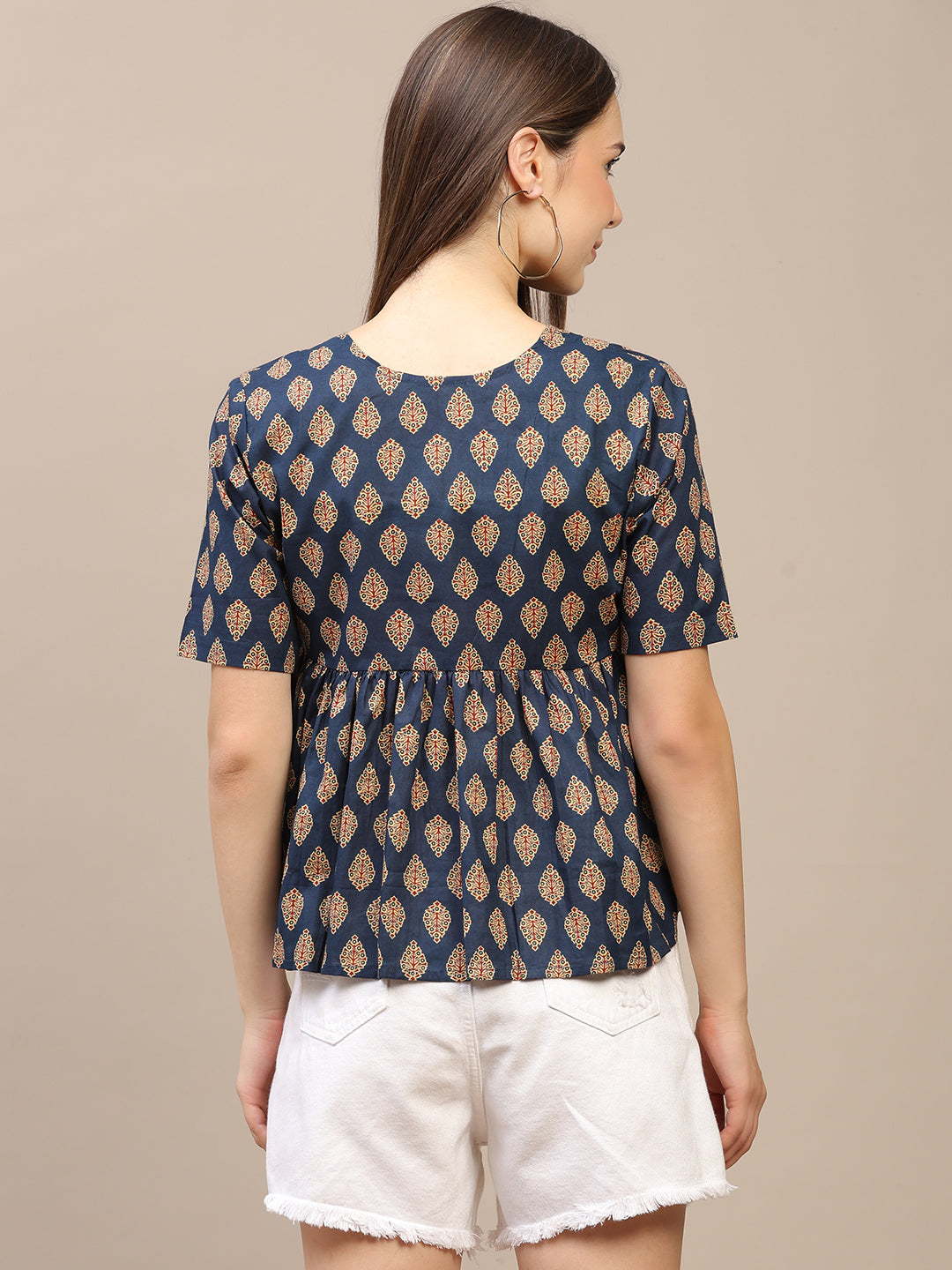 Navy Blue Printed Half-Sleeve Alia-Cut Cotton Top