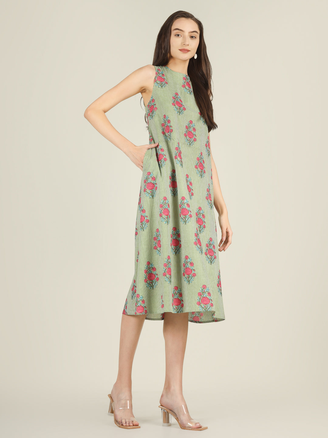 Green Striped Sleeveless A-Line Cotton Dress
