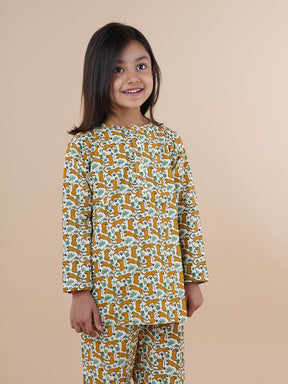 Off-white Leopard Print Kids Cotton Kurta Pyjama Set