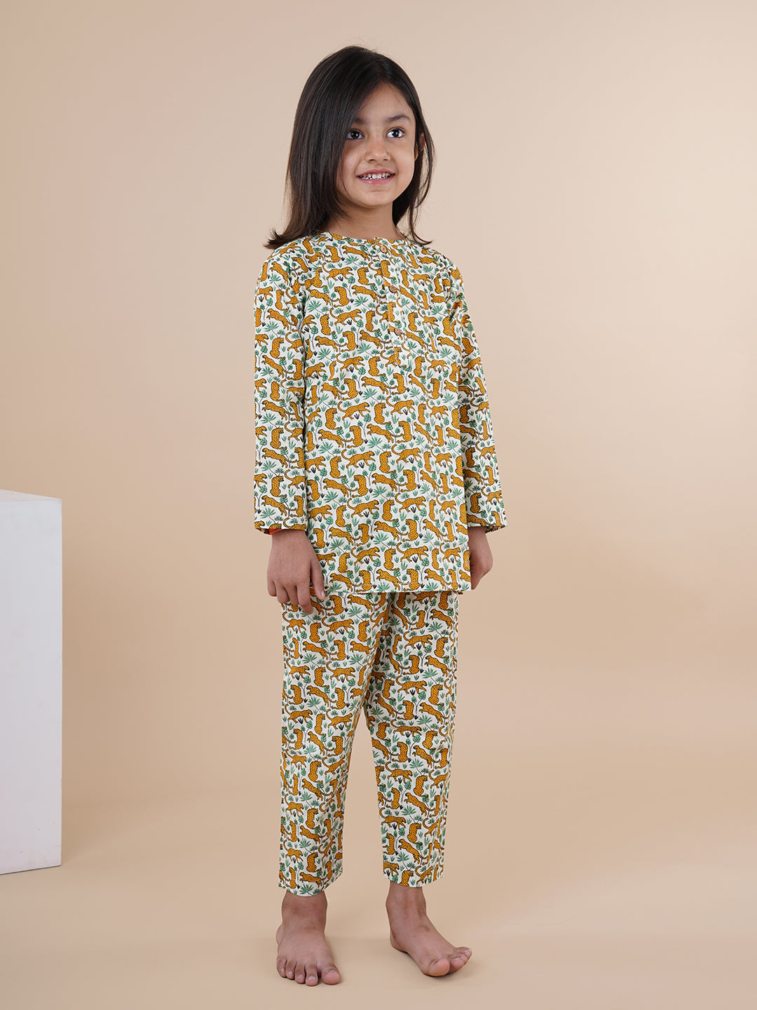 Off-white Leopard Print Kids Cotton Kurta Pyjama Set