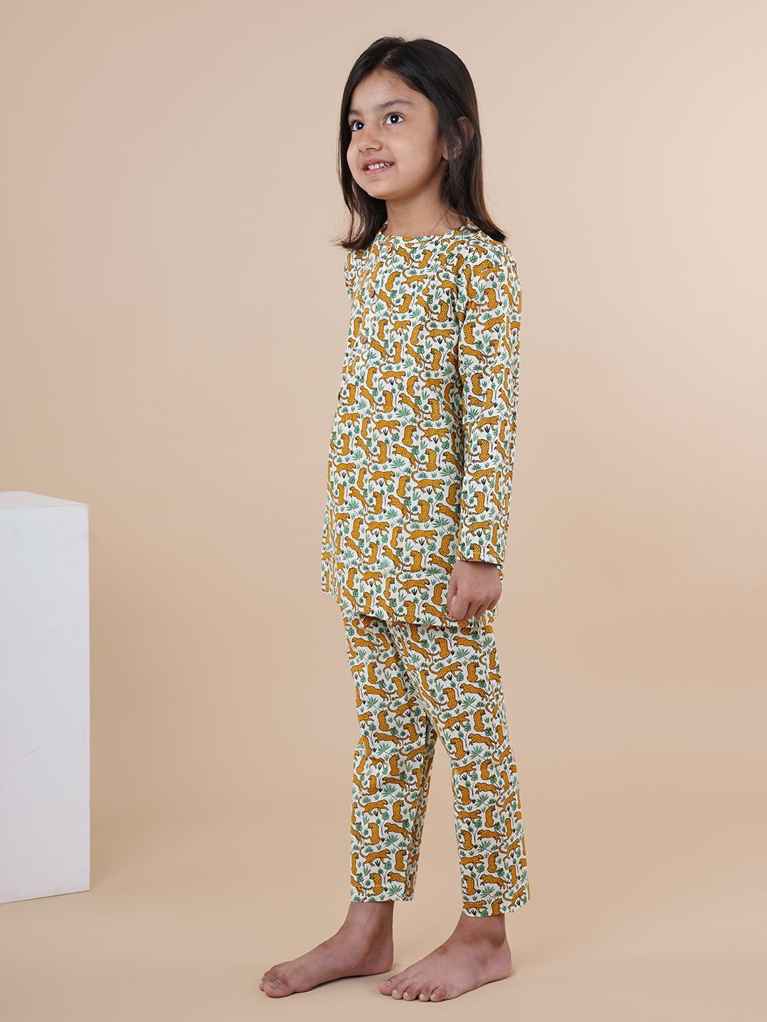 Off-white Leopard Print Kids Cotton Kurta Pyjama Set