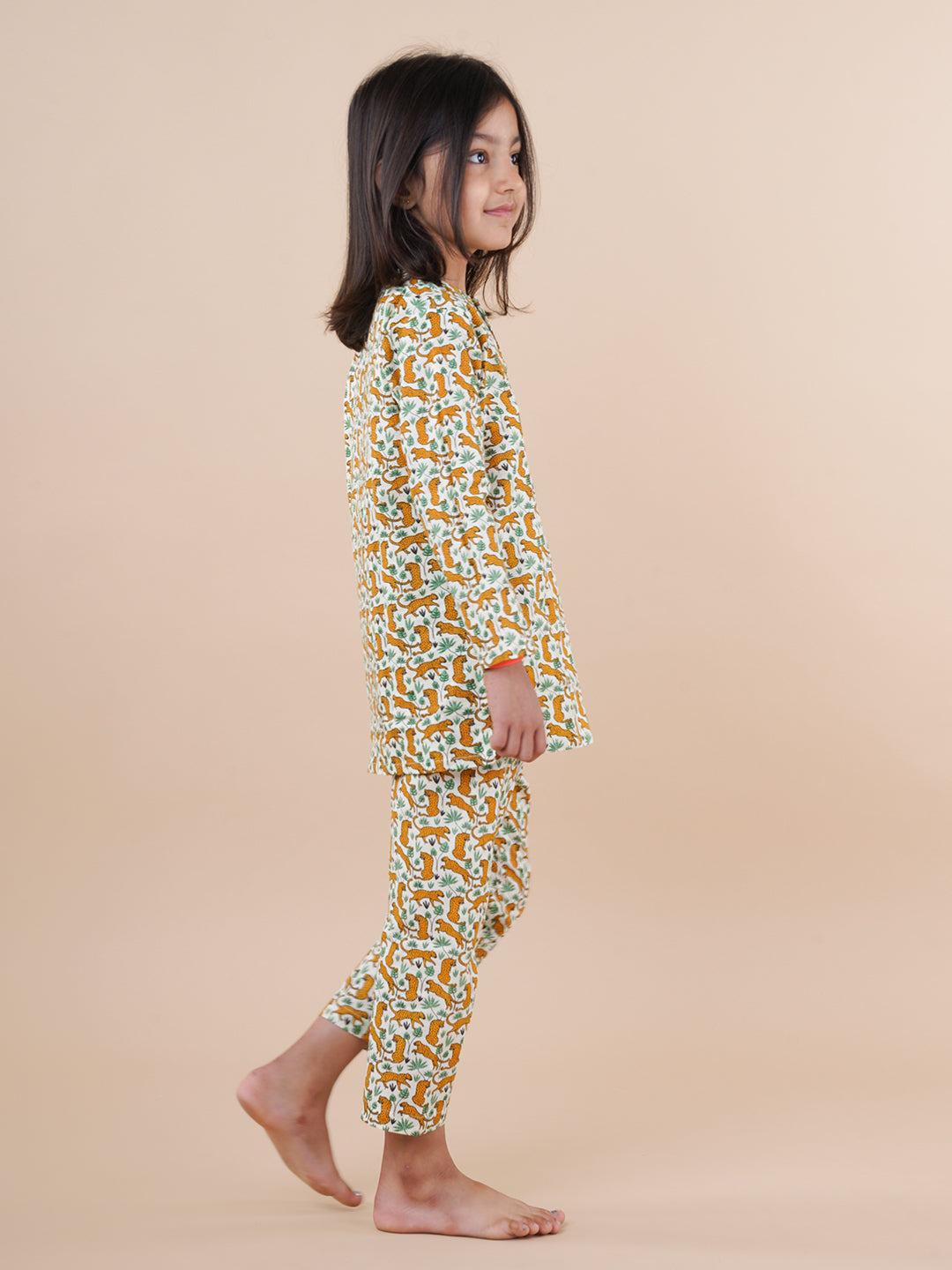 Off-white Leopard Print Kids Cotton Kurta Pyjama Set