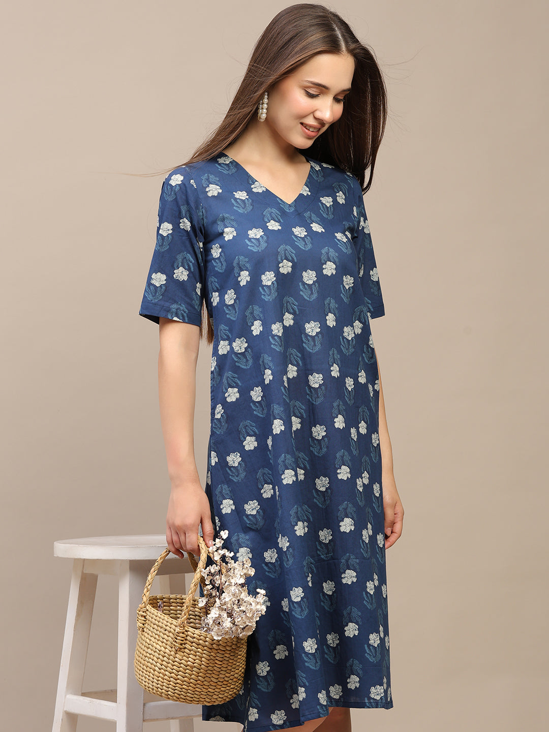 Blue Printed Half-Sleeve A-Line Cotton Dress